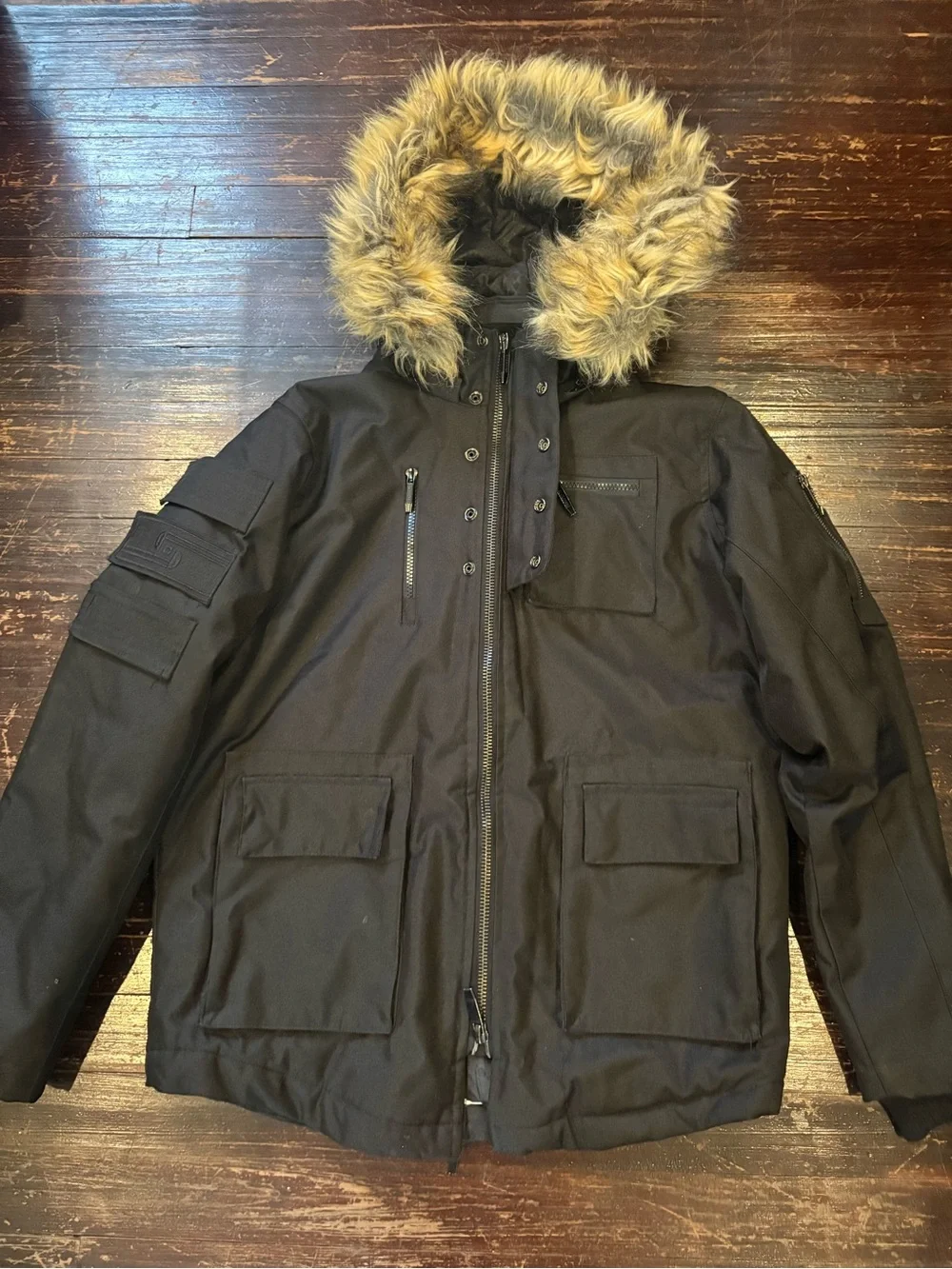 Boys size 18/20 Black Parka winter Jacket with Faux Fur Hood